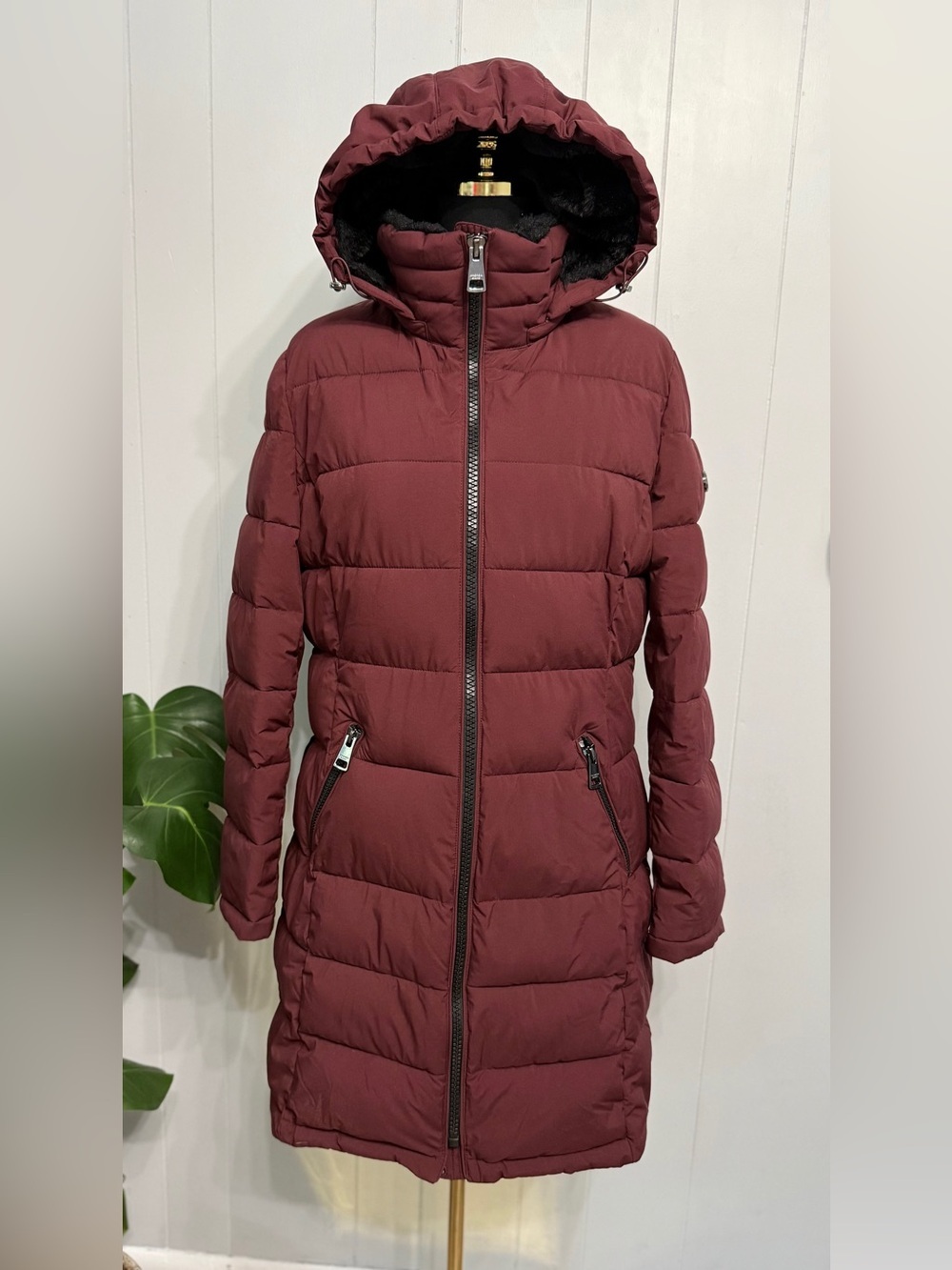 Andrew Marc Long Quilted Puffer & Stretch Coat in Burgundy with Black Fur Trim